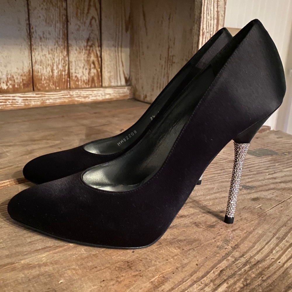 Stuart Weitzman Black Satin / Rhinestone Stiletto